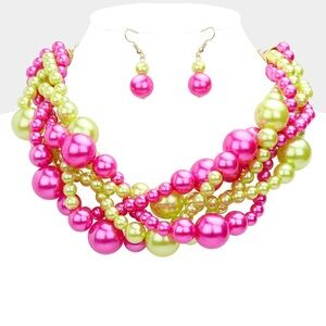Glam AKA Sorority Pink & Green Pearl Strand Choker Statement Necklace